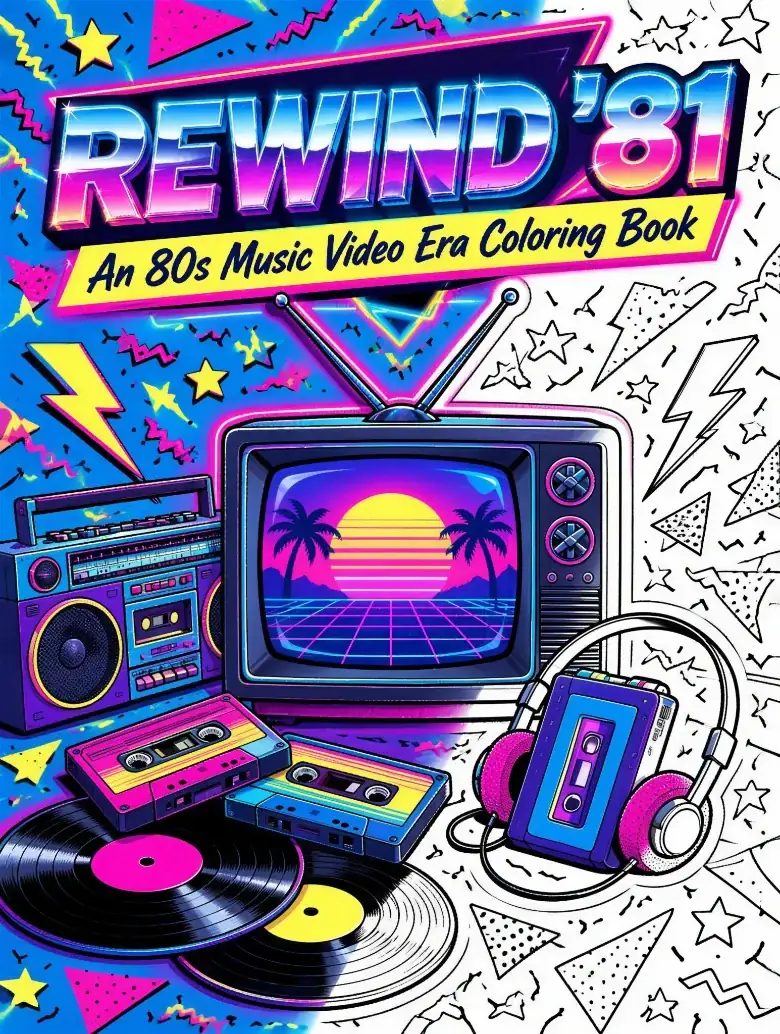 REWIND '81 cover: An 80s Music Video Era Coloring Book — a retro TV, boombox, cassettes, vinyl records and a tape player with headphones, half in neon color and half in line art