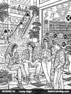 Coloring page: teens with big hair and denim jackets hanging out by a mall fountain next to a record store